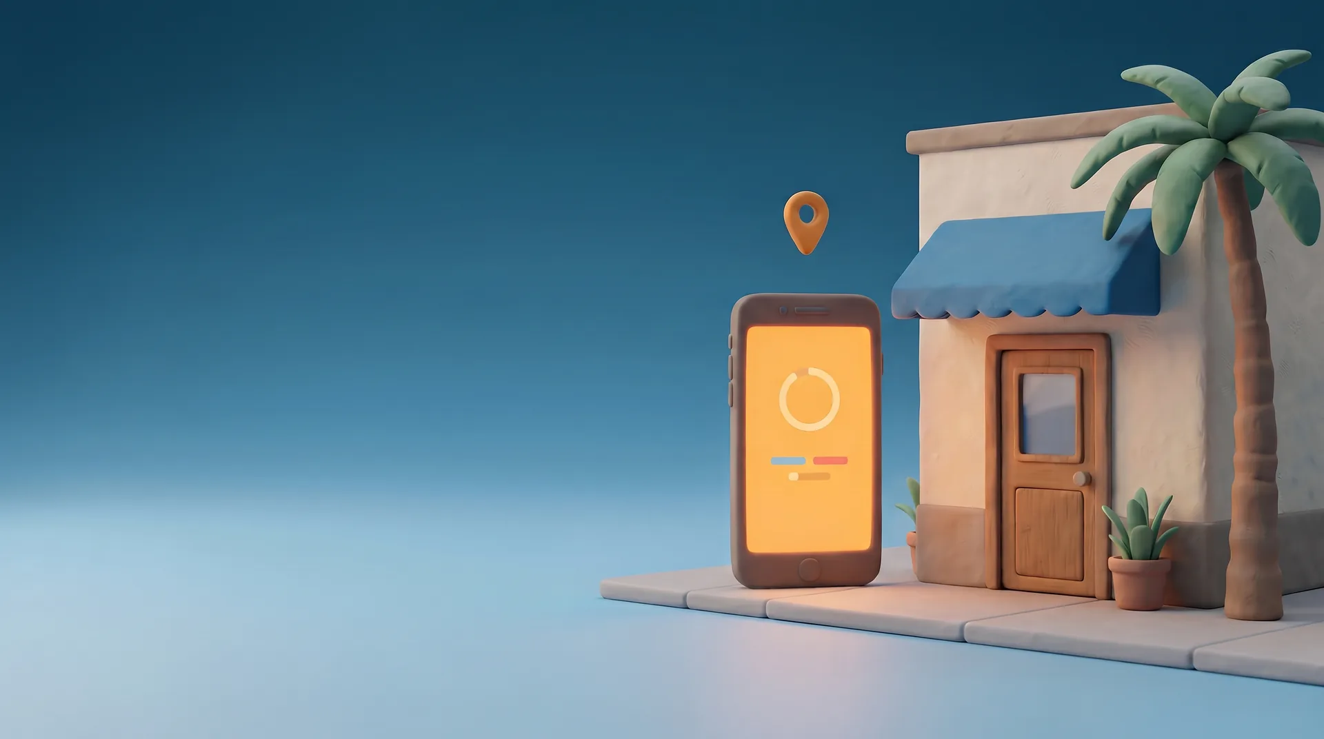 A small Rio Grande Valley storefront with its wooden front door, and beside it on the sidewalk a giant glowing phone: the second front door.